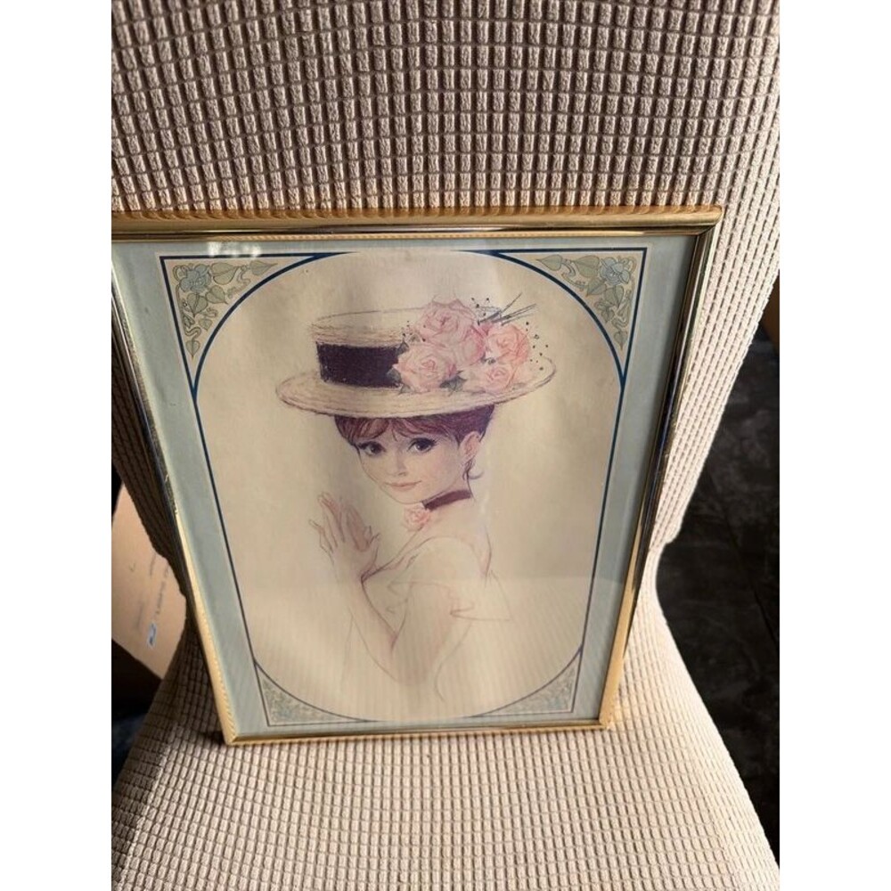 Vtg 70s Marsel Style Framed Art Print Victorian Gibson Woman Flower Straw hat